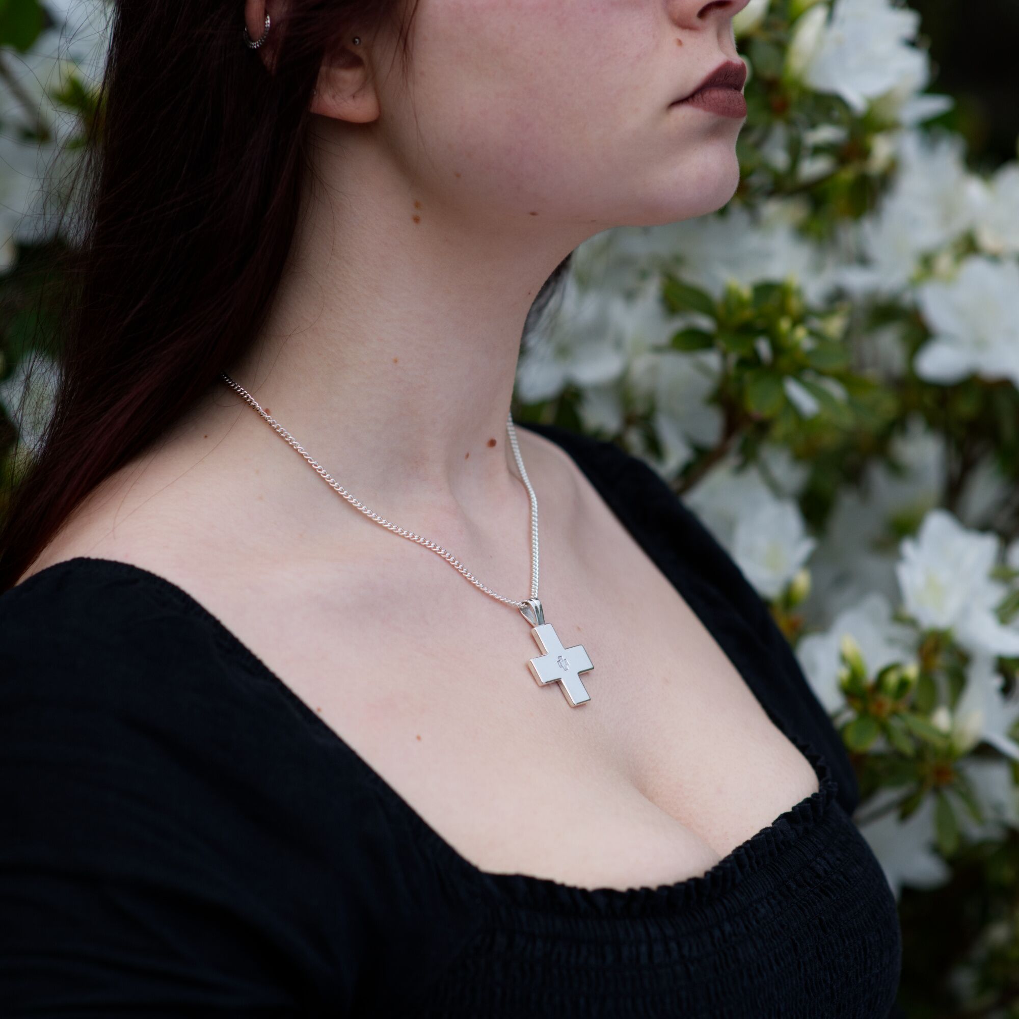 Big Square Cross Necklace Solid Silver Statement Pendant - Millennium 2 Solid Silver chunky Millenium cross pendant, london hallmarked being worn on a silver chain by a woman by kerensa