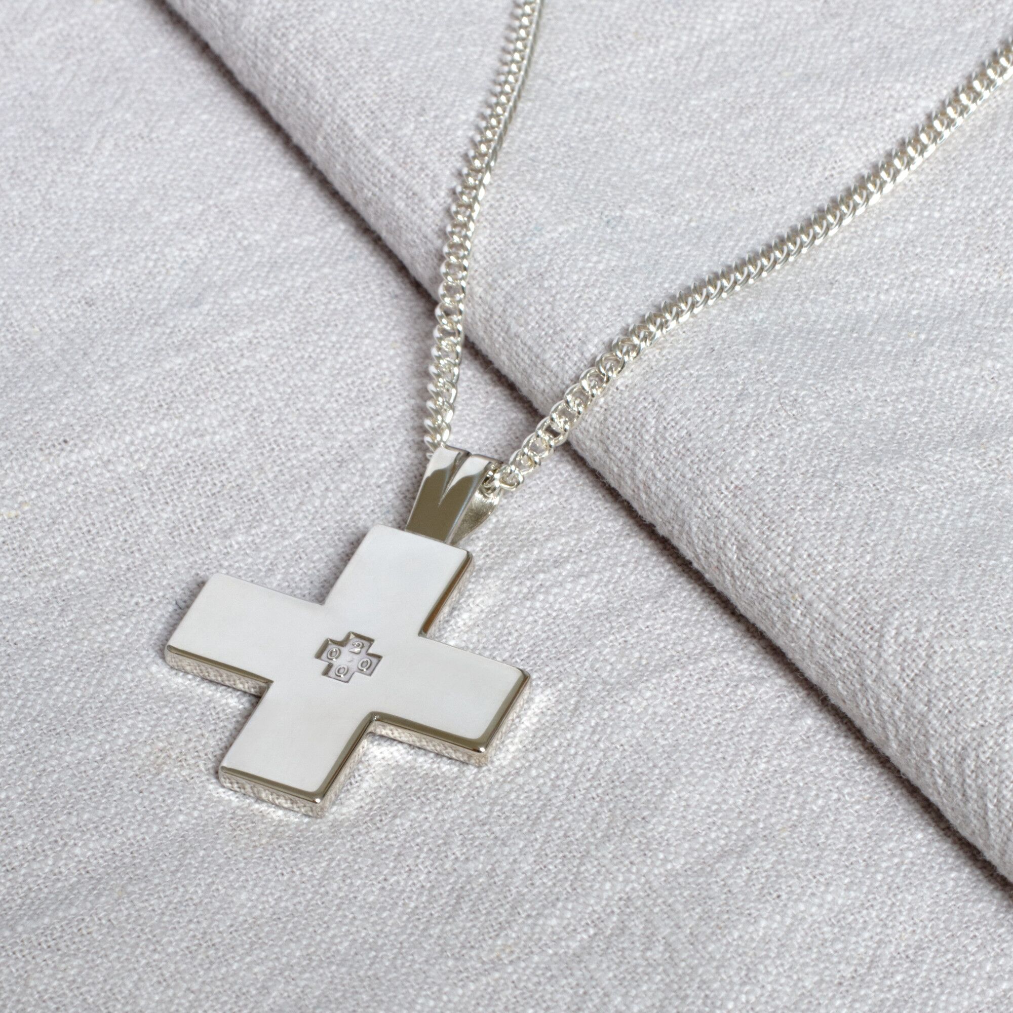 Big Square Cross Necklace Solid Silver Statement Pendant - Millennium 3 Big Square Millennium Cross Pendant with feature hallmarks and silver curb link chain by kerensa jewellery