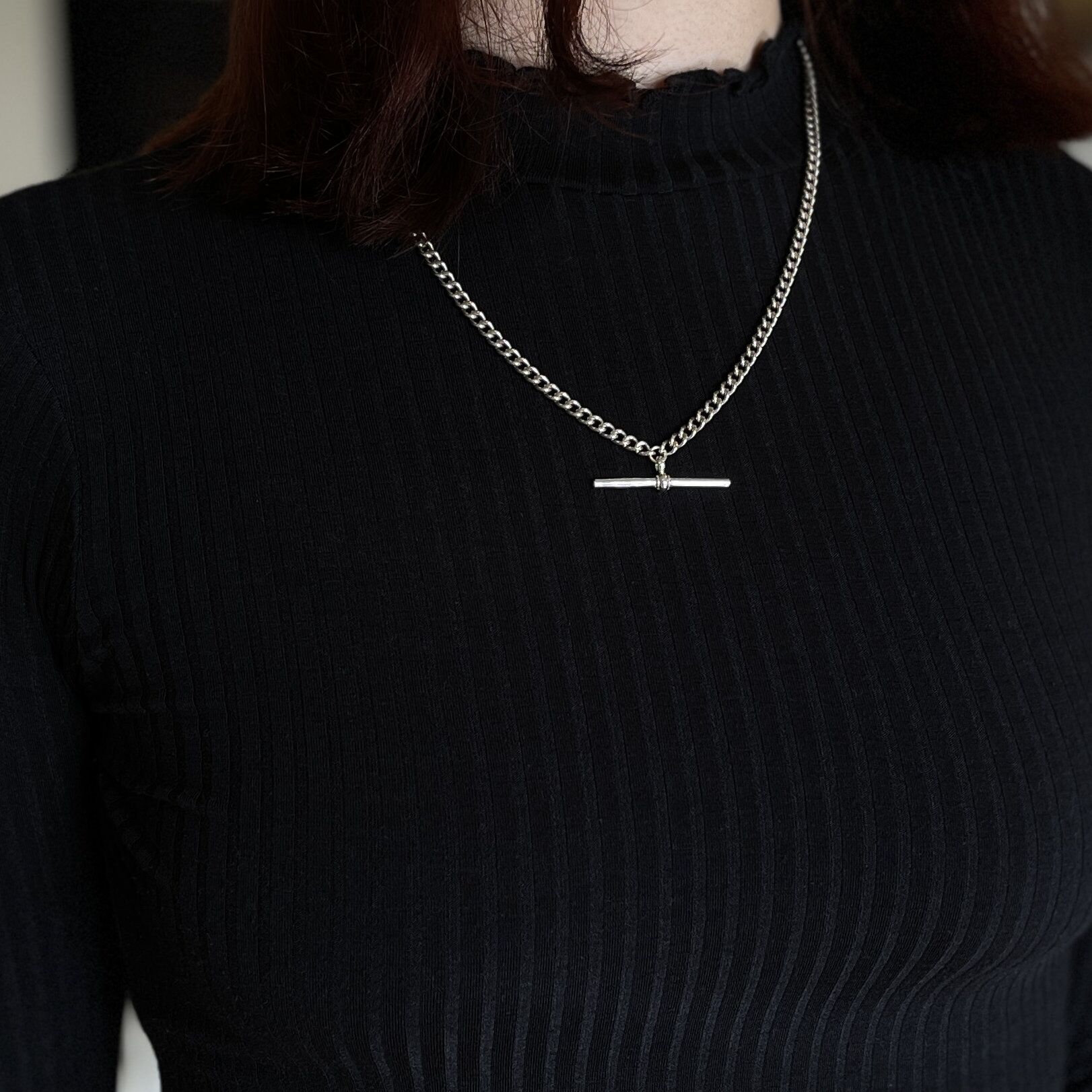 Albert Pocket Watch Chain Solid Sterling Silver Curb Link 2 silver albert chain necklace worn on a woman. solid silver chain necklace for men and women