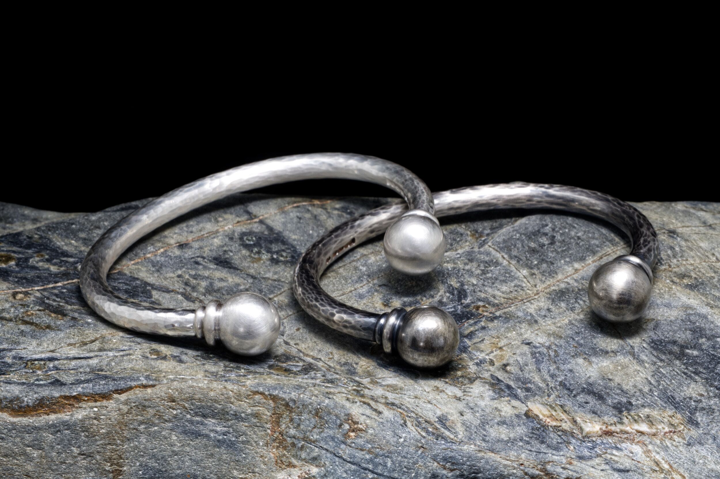 Men's Chunky Solid Silver Torque Cuff - The Cribbar 5 Solid Silver torque cuff mens bangles, one oxidised, the other poslished. By Piere Andrews of Kerensa Jewellery