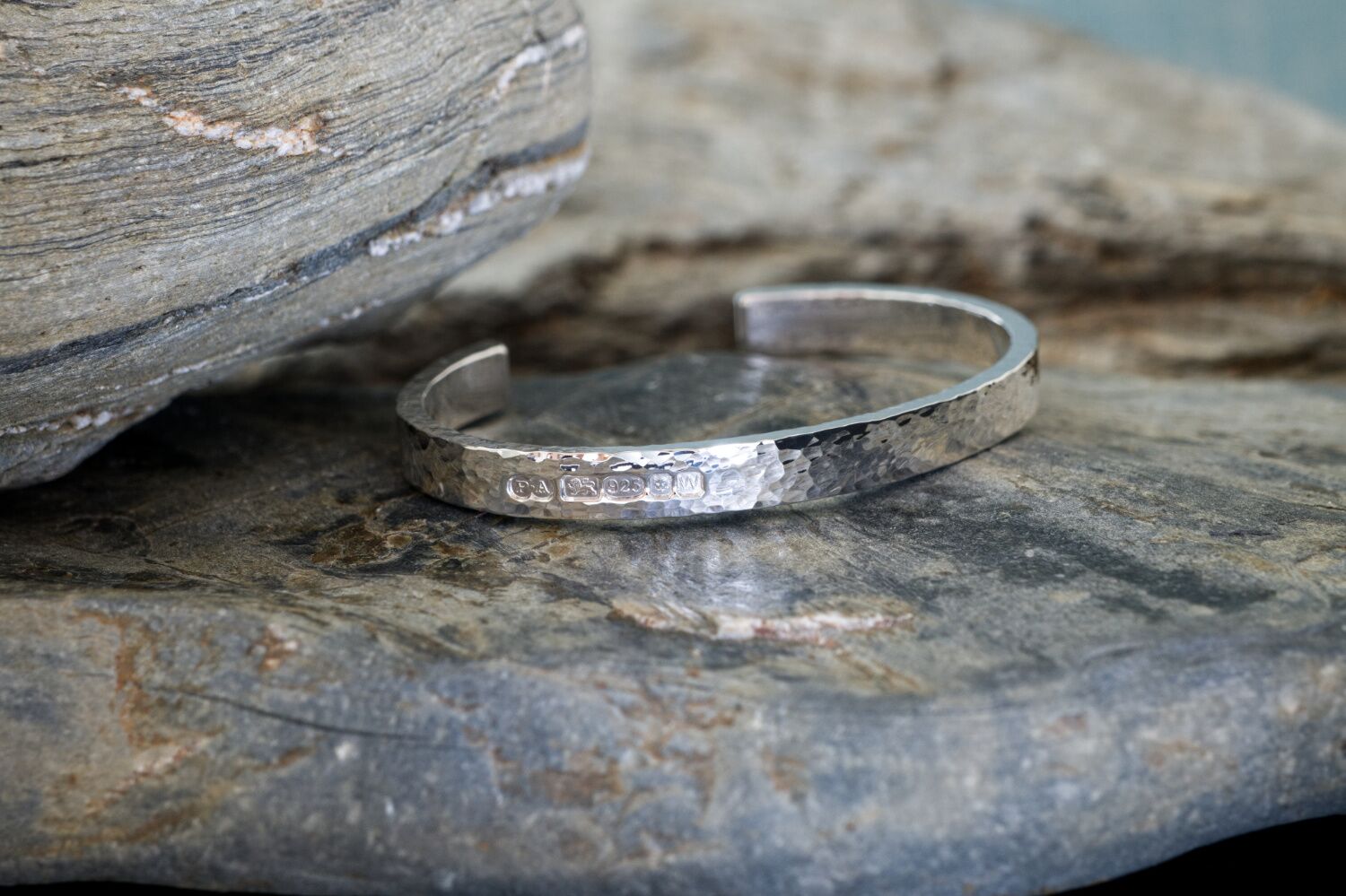 Zennor 8 Hammered Chunky Solid Silver Cuff 1 Zennor 8 Hammered Chunky Cuff Solid Silver Bracelet, Handmade Bangle - London Hallmarked. 8mm Wide