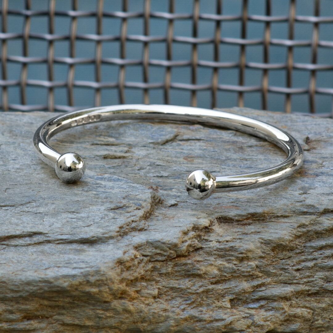 Kynance Cuff Solid Sterling Silver Torque Bangle 3 Kynance Cuff Solid Silver Torque Cuff Bracelet, Handmade In Cornwall with London Hallmarks. 5mm Wide with Solid Silver Balls.