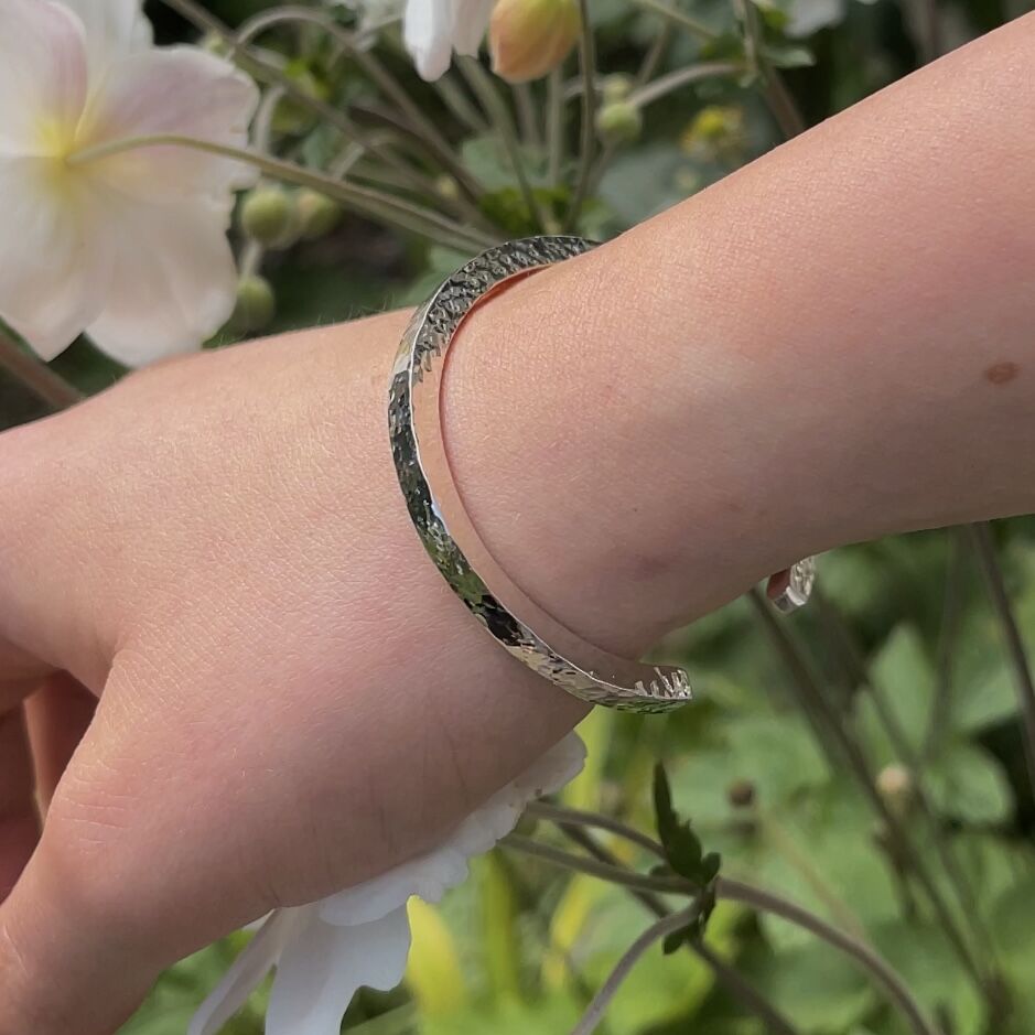 Solid Sterling Silver Hammered Cuff - Newlyn 4 1 Newlyn 4 Highly Polished Solid Sterling Silver Heavy Torque Cuff Bangle with a hammered texture London Hallmarked